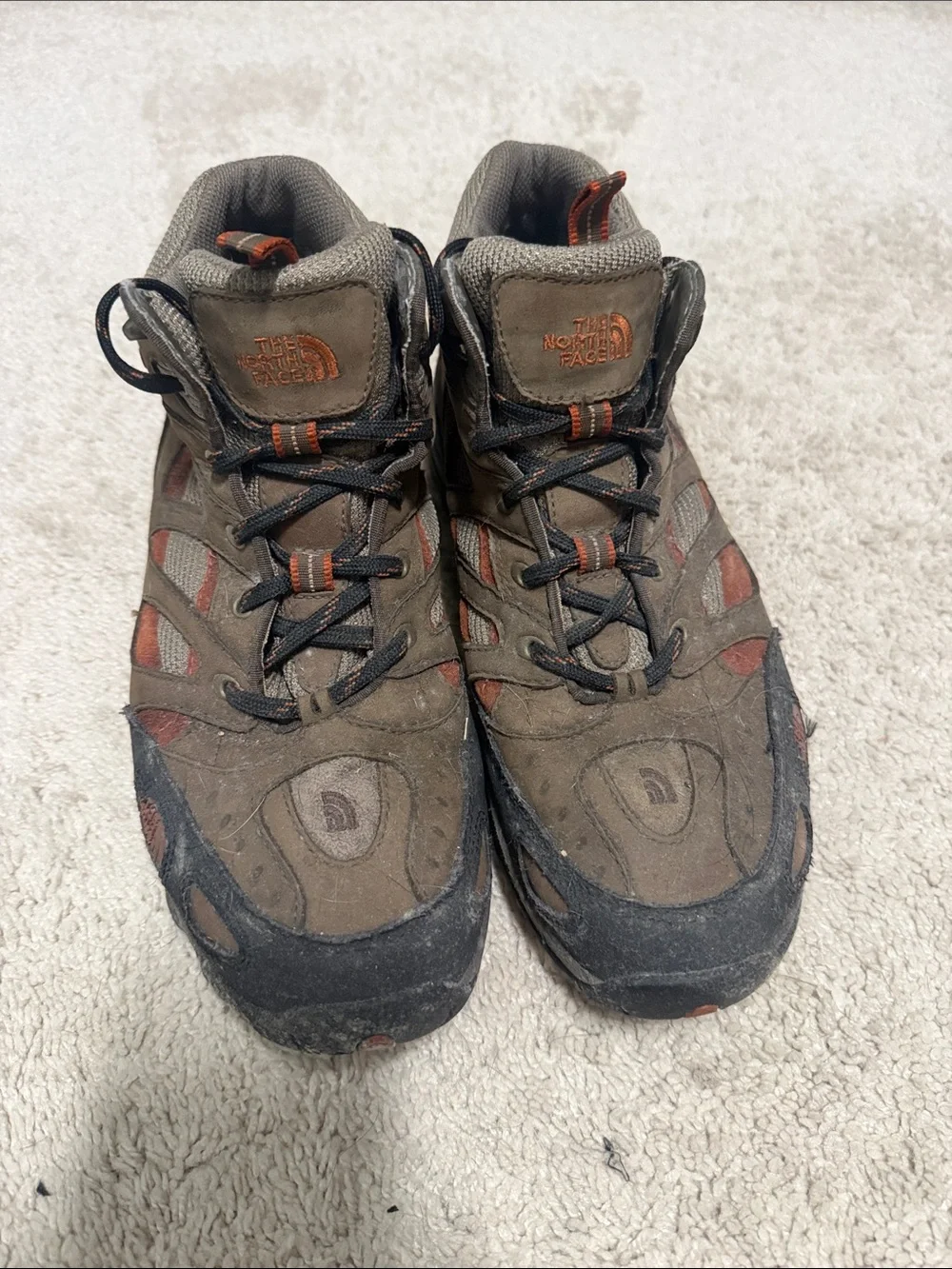 The North Face Olive Brown Hiking Sneakers with Orange Accents